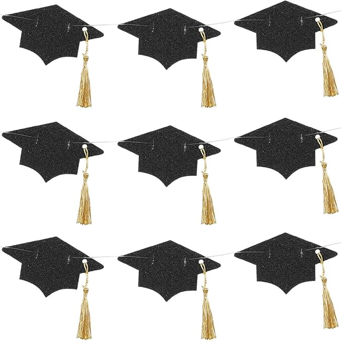 Black Glitter Tassel & Graduation Cap Party Garland