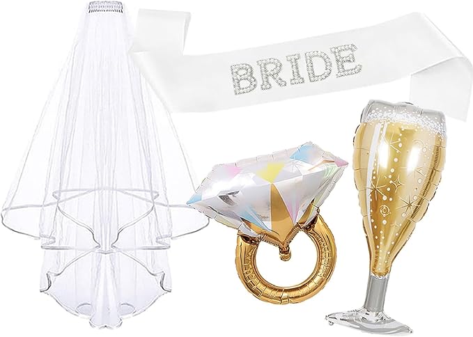 4PCS Pearl Bride to Be Sash and Veil Bride Ring Champagne Balloons Bridal Shower Sashes and Veils Accessories for Bachelorette Engagement Wedding Party Decorations