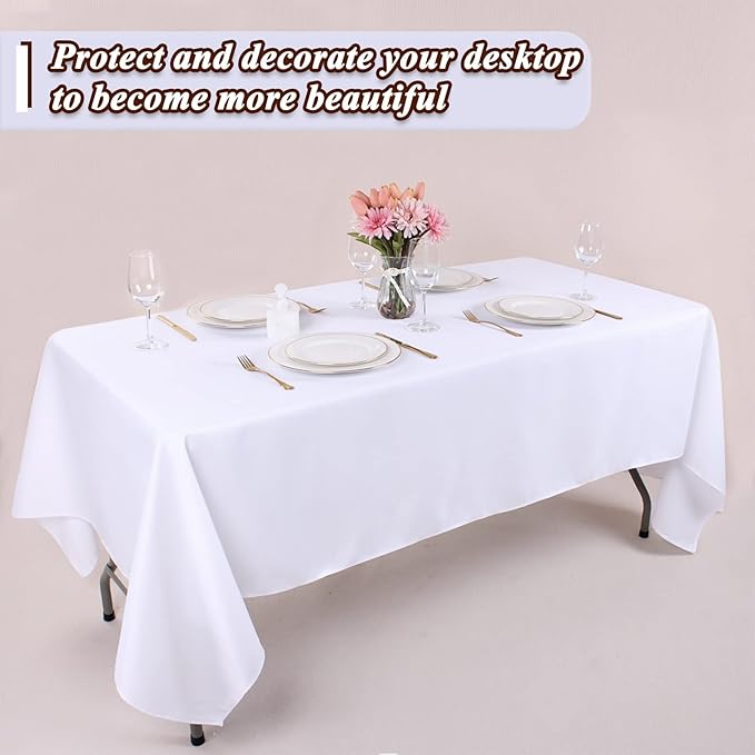 Kesfey 6 Packs White Table Cloths Rectangle 60 x102 inch High Density Washable Polyester Fabric White Tablecloths for 6 Foot Tables Rectangle Wrinkle Resistant Tablecloth for Parties Wedding Banquet