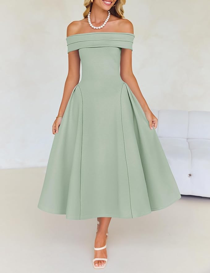 ZESICA Summer 2026 Cocktail Dresses for Women's Off Shoulder Short Sleeve Swing A Line Wedding Evening Party Midi Dress