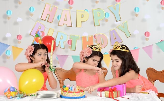 Pre-Strung Happy Birthday Banner and Decorations - Girls Toddler Birthday Decorations - 3D Garland with Pennant Banner Flags Pastel
