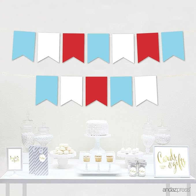 Andaz Press Hanging Pennant Banner with String, Red, White, Baby Blue, 1-Set, 24 Pennants, Approx. 12-Feet Long