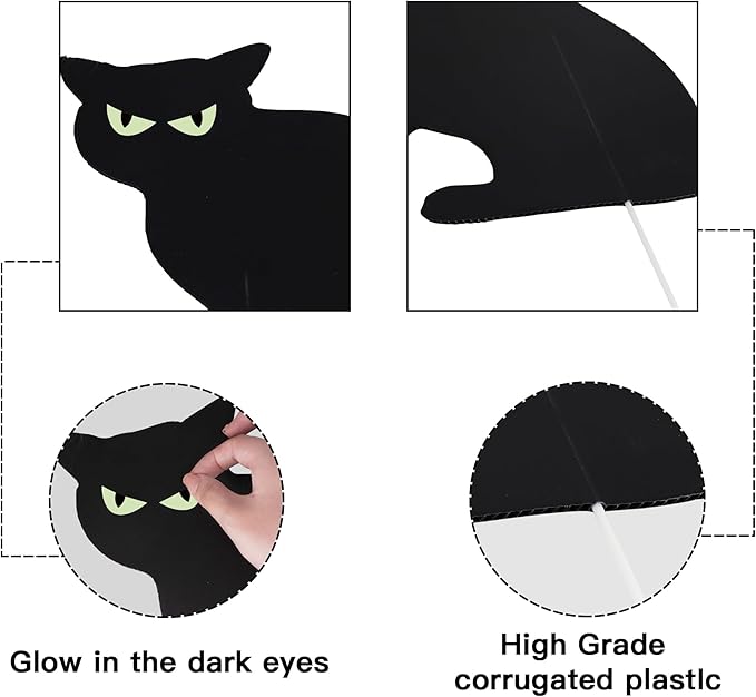 Ivenf Halloween Decorations Outdoor, 6ct Black Cat Decor Yard Signs with Stakes, Scary Silhouette with Glow in Dark Eyes, Corrugated Plastic, Waterproof Lawn Decorations for Kids Family Home Party