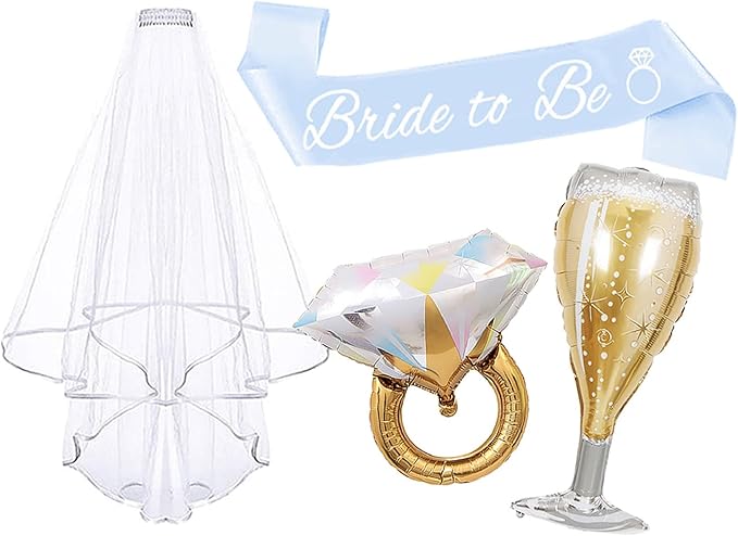 4PCS Bachelorette Blue Sash and Veil for Bride Party, Bride To Be Accessories for Bridal Shower Engagement Wedding