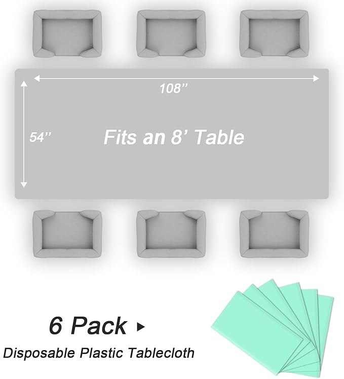 QIKSION Fresh Mint Plastic Table Cloth Disposable 6 Pack, 54 x 108 Inch Tablecloths for Party, Birthday, Rectangle Table Cover