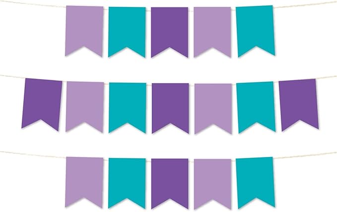 Andaz Press Hanging Pennant Banner with String, Lavender, Turquoise Aqua, Royal Purple, 1-Set, 24 Pennants, Approx. 12-Feet Long, Mermaid Birthday Theme Colored Supplies