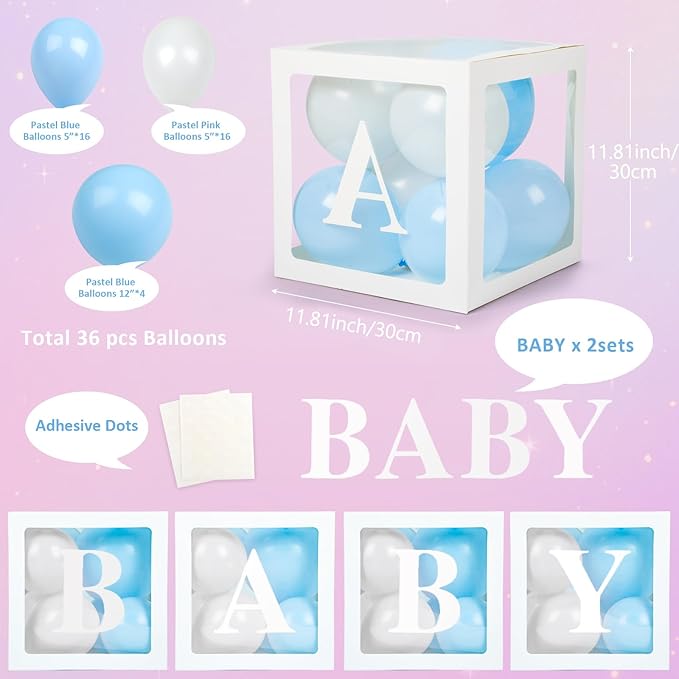 Baby Boxes with Letters for Baby Shower, 4 Transparent Balloon Boxes with Letters for Gender Reveal Birthday Wedding Baby Shower Decorations(Blue and White Balloons)