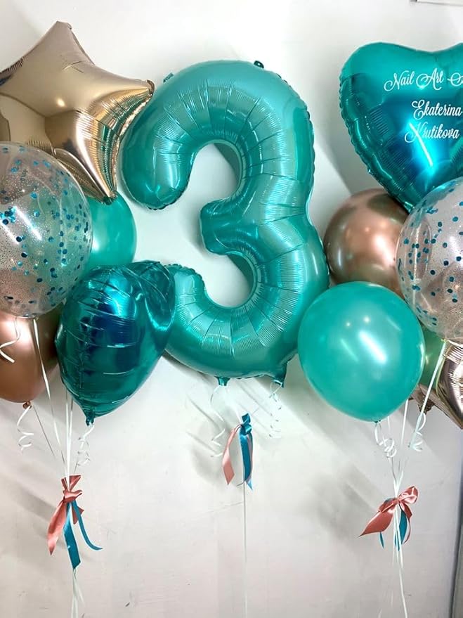 Number 3 Balloon, 40 Inch 3 Balloon for Birthday Party Decoration, Blue-Green Number 3 Ballon for 3, 13, 23, 30 Celebration, Boy and Girl Birthday, Wedding, Anniversary Decor