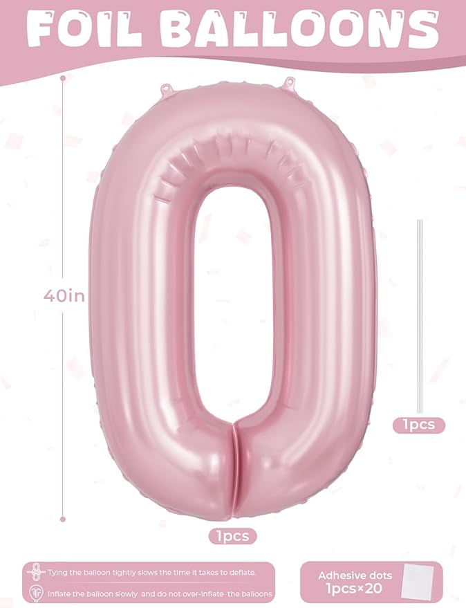 Pink Number 0 Balloons - 40 Inch Number Balloons Big Light Pink Foil Balloon, Mylar balloon for Girls Birthday, Baby Shower, and Princess Theme Party Decorations