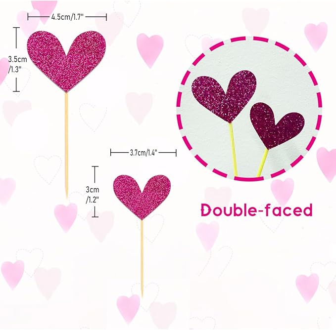 24Pcs Rose Red Heart Cupcake Toppers for Valentine's Day Decorations, Mixed Size Heart Valentine's Day Cupcake Toppers for Wedding Bridal Shower Party Decorations (Pitaya)