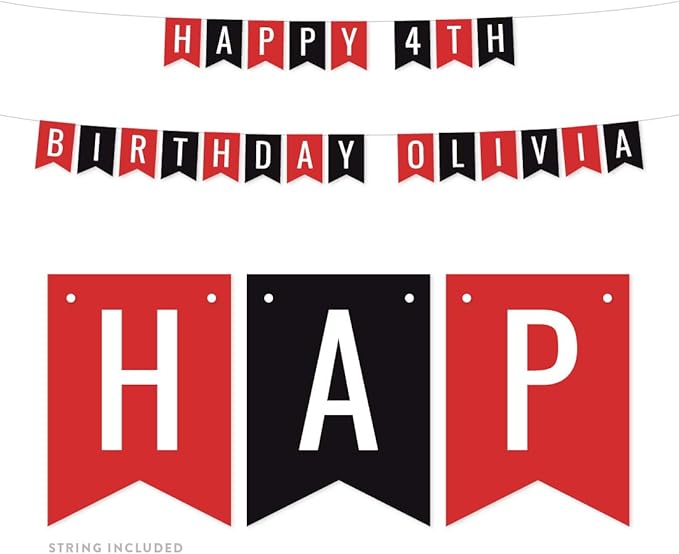 Andaz Press Personalized Hanging Pennant Banner Party Decorations, Red, Black, Happy 4th Birthday Olivia, 1-Pack, Approx. 5-Feet, Custom Name and Number