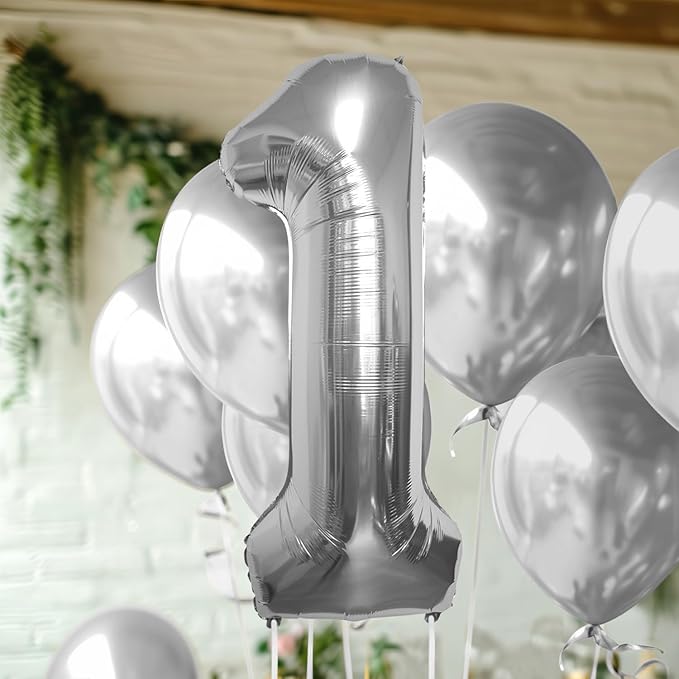 40 Inch Large Silver Number Celebration and Decoration Balloon for Birthday Parties, Graduations, Anniversaries, Weddings, Photo Shoots, Special Events - Helium Foil (Silver Number 1)