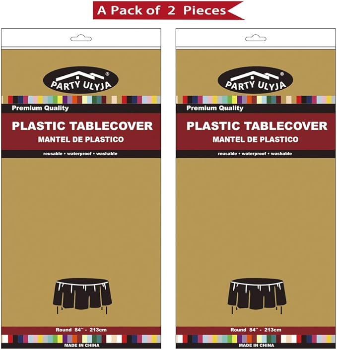 Gold Plastic Tablecloths 2 Pack Disposable Table Covers 84 Inch Circle Bridal Shower Party Tablecovers PEVA Vinyl Table Cloths for BBQ Picnic Birthday Wedding Banquet Parties 6 ft Round Table Use