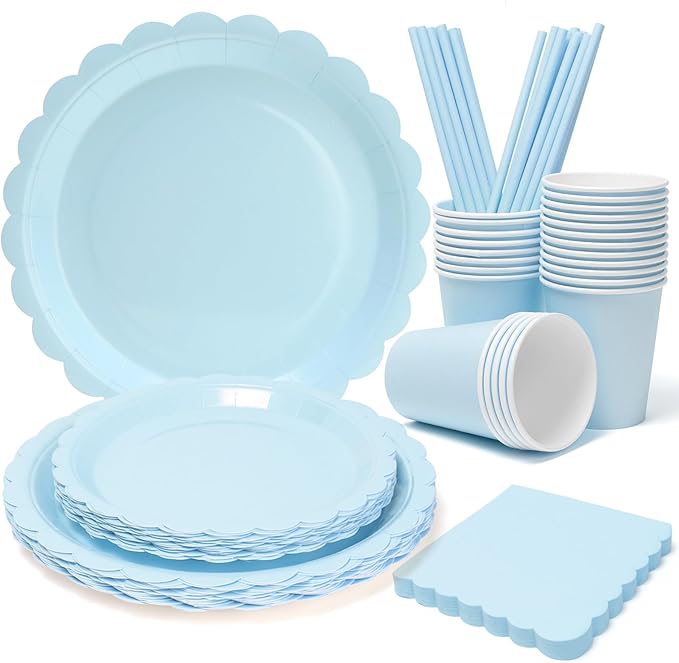 168PCS Party Plates, Scalloped Gingham Paper Plates and Cups and Napkins Sets Party Supplies for Birthday Wedding Bridal Shower Baby Shower Picnic, Serve for 24 Guests (Blue Scalloped)