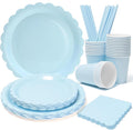 168PCS Party Plates, Scalloped Gingham Paper Plates and Cups and Napkins Sets Party Supplies for Birthday Wedding Bridal Shower Baby Shower Picnic, Serve for 24 Guests (Blue Scalloped)