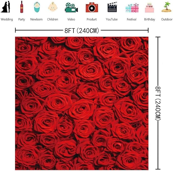 RUINI Red Rose Floral Wedding Photography Backdrop Rose Wall Valentines Day Wedding Bridal Shower Party Decorations Banner 8x8FT