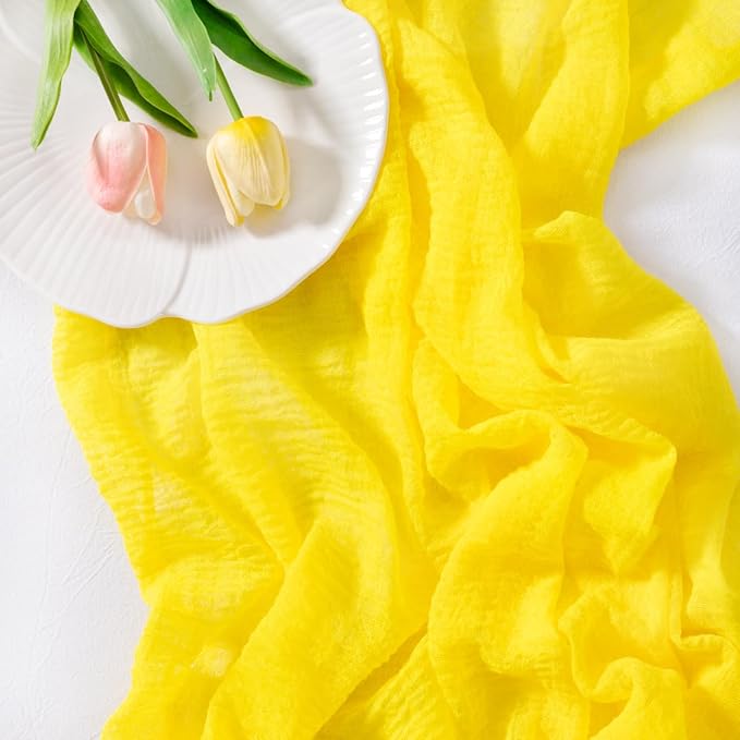 Socomi Yellow Cheesecloth Table Runner Easter Spring Gauze 120 Inch Rustic Boho Cheese Cloth Runner for Wedding Party Baby Bridal Shower Centerpiece Decoration Holiday Home Decorations