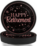 Wiooffen 48Pcs Retirement Paper Plates Party Supplies Happy Retirement Dessert Cake 7 inch Plates Tableware Set Pink and Black Retired Dinnerware for Woman Graduations Decorations Favors