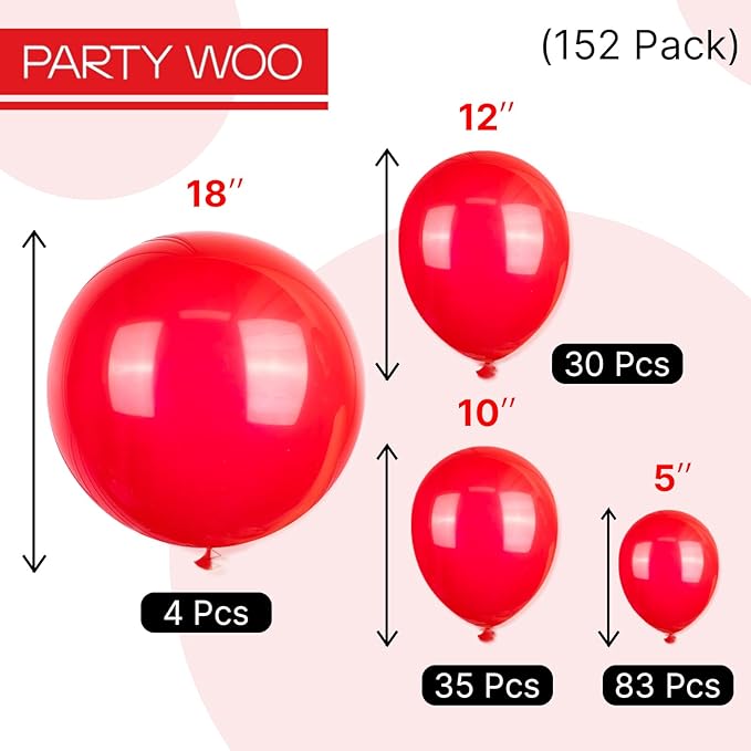 PartyWoo Red Balloons 152 pcs Different Sizes of 18 12 10 5 Inch Red Balloon Arch Kit Garland for Birthday Graduation Bachelorette Citizenship Anniversary Cherry Casino Theme Party Decorations Red-Y57