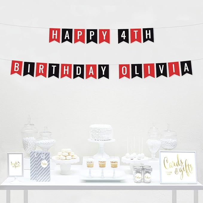 Andaz Press Personalized Hanging Pennant Banner Party Decorations, Red, Black, Happy 4th Birthday Olivia, 1-Pack, Approx. 5-Feet, Custom Name and Number