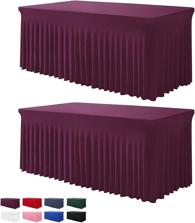 Table Skirts for Rectangle Tables 6ft - 2 Pack One-Piece Burgundy Tablecloths and Skirt, Wrinkle Resistant Ruffles Elastic Cover for Banquets, Weddings, Events, Parties