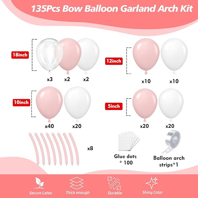 Pink Bow Balloon Garland Arch Kit - Coquette Birthday Decorations Coquette Bow Pink and White Balloon Arch Kit Different Size for Wedding Bridal Girls Birthday Baby Shower Engagement Party Decorations