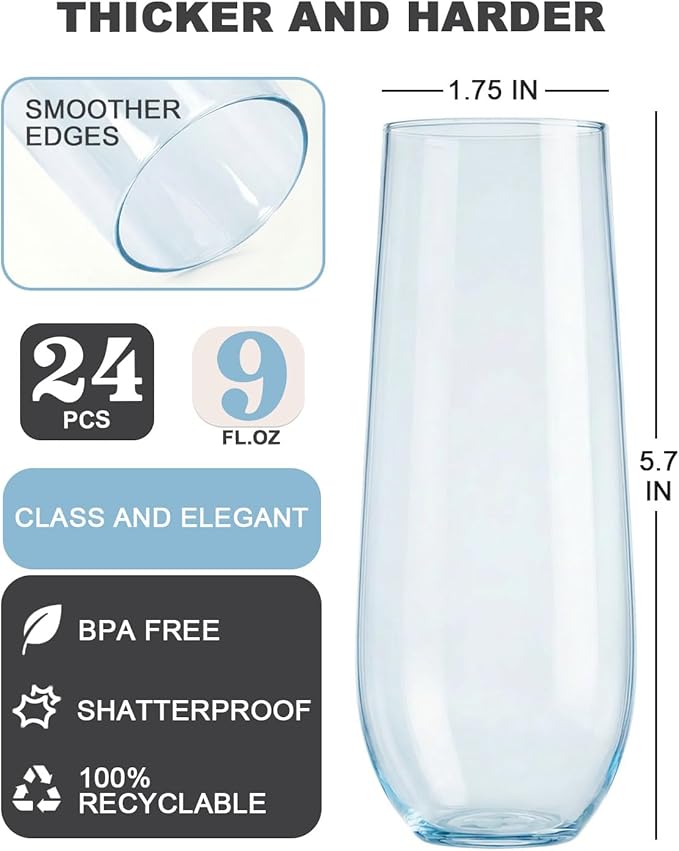 24 Pcak Champagne Flutes Plastic, 9 Oz Disposable Stemless Mimosa Clear Toasting Glasses, Clear Crystal Plastic Cocktail Cups for Party Wedding Birthday (Blue)