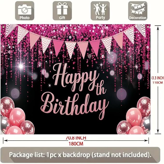 Happy Birthday Banner Pink Glitter Party Decoration Banner 71 x 43 Inch Birthday Celebration Backdrop Wall Hanging Decoration Indoor Party Display