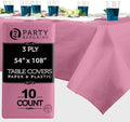 PARTY BARGAINS Disposable Table Covers, 54 x 108 Inch, Pink, 3-Ply Paper & Plastic Spill-Resistant Party Tablecloths, 10 Pack