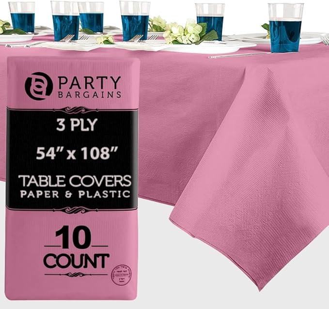 PARTY BARGAINS Disposable Table Covers, 54 x 108 Inch, Pink, 3-Ply Paper & Plastic Spill-Resistant Party Tablecloths, 10 Pack