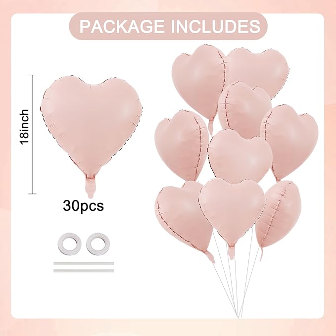 TONIFUL 30Pcs 18 Inch Pastel Pink Balloons Macaron Pink Heart Shape Foil Mylar Banners Decoration for Birthday Valentine's Day Wedding Bridal Shower Anniversary Engagement Party Supplies
