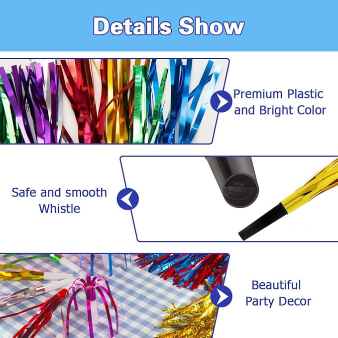 Lovecheer 24/60PCS Fringed Foil Party Noisemakers Metallic Fringed Party Blowers for Adults Birthday Wedding New Year Christmas Blowouts