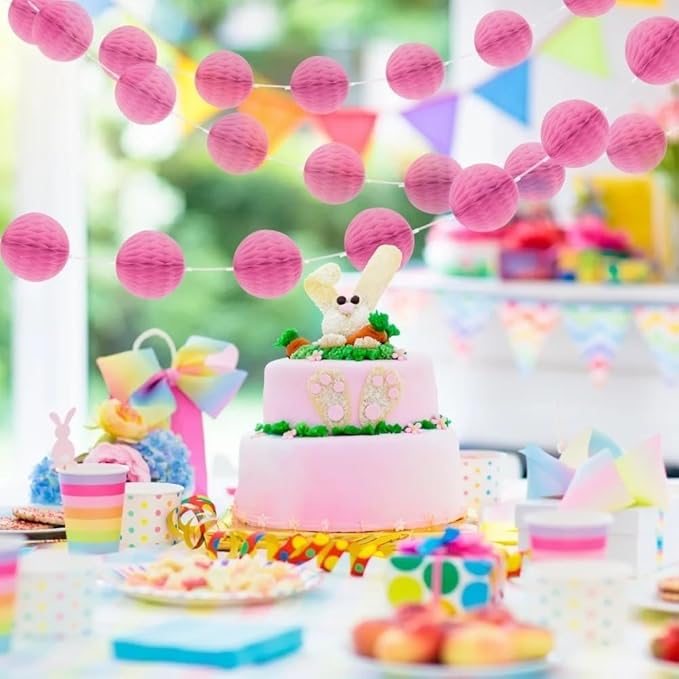 Hot Pink Honeycomb Ball Garland - 7 ft. - Elegant Paper Decor - Ideal for Bridal Showers, Birthdays, & Christmas Parties (1 Pc.)