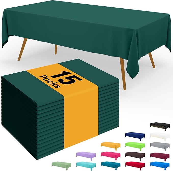 Smiry Disposable Table Cloth - 15 Pack, 54 x 108 Inch Waterproof Rectangle Tablecloths for Parties, Decorative Plastic Table Cover, Leakproof & Sturdy, Christmas Green
