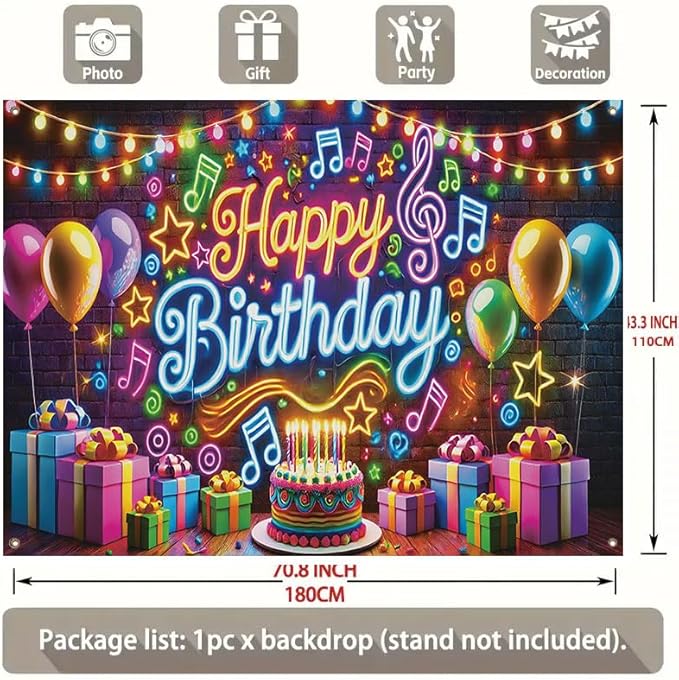 Happy Birthday Banner Backdrop, 71x43 In,Neon Music Theme Birthday Party Decorations with Balloons Cake Gifts, Colorful Brick Wall Background for Boys Girls Kids Birthday Photo Booth Supplies