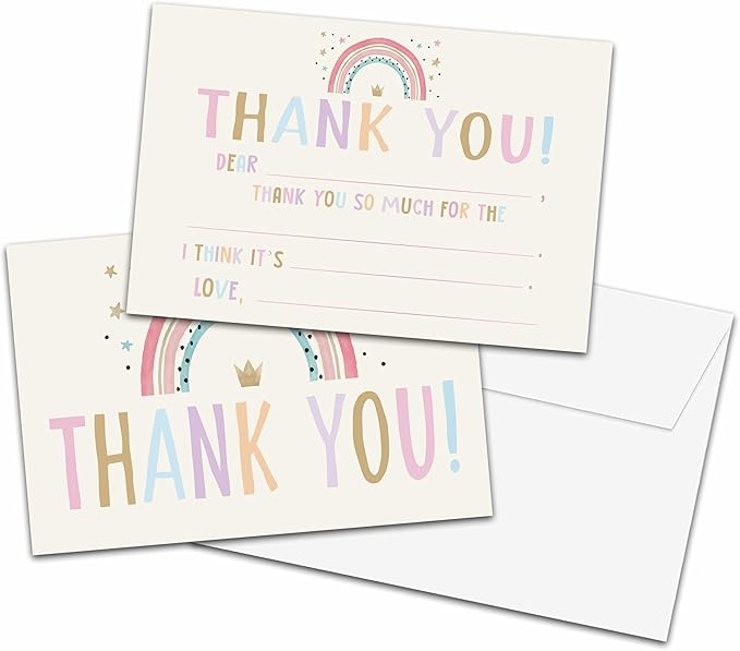 Kids Thank You Cards Fill in the Blank, Boho Rainbow Thank You Cards, Rainbow Greeting Cards, Thank You Notes For Boys Girls, Birthday Party Decorations Favors (20 Cards With 20 Envelopes) -10