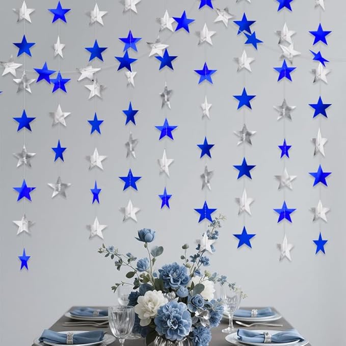 Blue Silver Shining Star Hanging Garland Blue Silver Hanging Sparkling Star Streamer Bunting Banner Twinkle Backdrop for Wedding Baby Shower Birthday Christmas Decorations 40 Feet