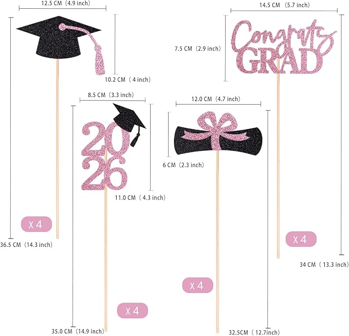 Gexolenu 16 PCS Pink and Black Double-Sided 2026 Graduation Centerpieces for Tables, 2026 Table Toppers Party Centerpiece Sticks Party Supplies, Graduation Party Decorations Class of 202, Set of 4