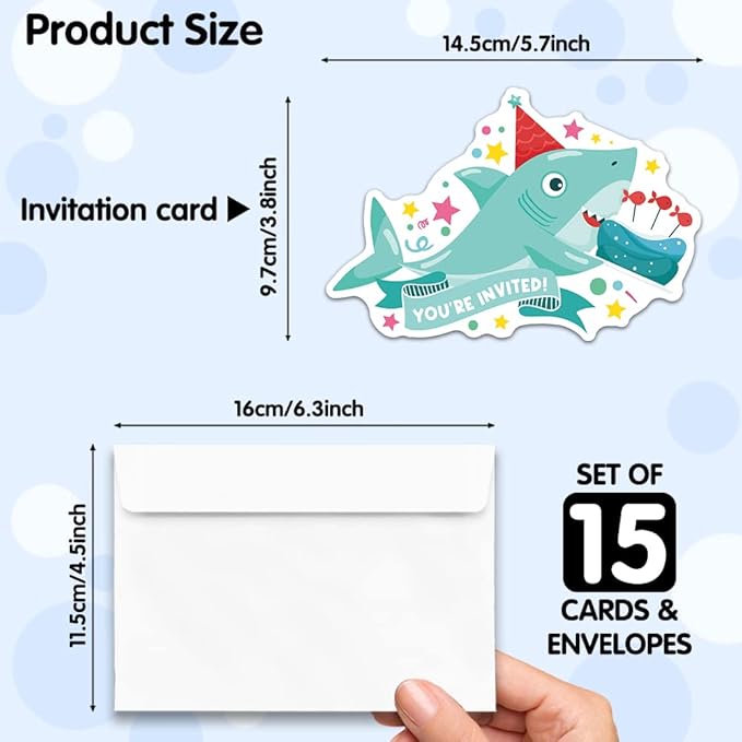 RZHV 15 Pack Blue Shark and Birthday Cake Shaped Fill-In Invitations Cards With Envelopes for Boys & Girls Adults, Funny Baby Shower Party Birthday Party Invite (Baby Shower)