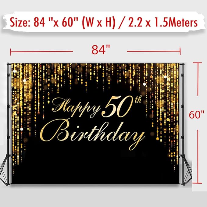 Happy 50th Birthday Photo Background, Black Gold Background Screen Suitable for Birthday Party Decoration Black Gold Flashing Photography Background Photography Booth Photographys