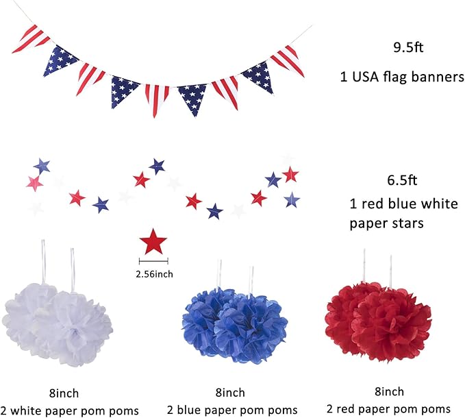 Whaline 4th of July Party Decorations Set, Patriotic USA Flag Pennant Bunting, Red White Blue Paper Fans, Star Garland Hanging Streamers, Tissue Pom Pom Flowers for Independence Day Decor, 14Pcs