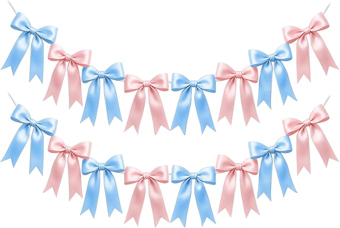 2 Strings of 16PCS Baby Pink&Baby Blue Bow Garlands Banner Decoration,Pre-Strung Satin Ribbon Ornaments for Gender Reveal Party,Baby Shower,Birthday,Bridal Shower,Graduation Decor,Anniversary,Wedding