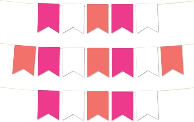 Andaz Press Hanging Pennant Banner with String, Fuchsia, White, Coral, 1-Set, 24 Pennants, Approx. 12-Feet Long