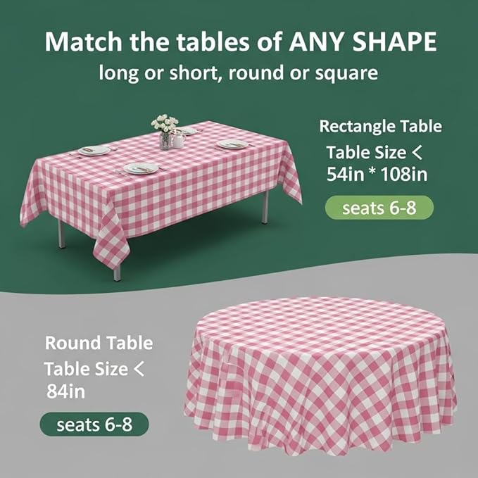 10PCS Premium Plastic Pink&White Checkered Tablecloths, 54*108inch Large Disposable Tablecover for Gatherings, Thickened Rectangle Table Decoration for Picnic, Barbecue,Dinner, Party Supplies Bulk