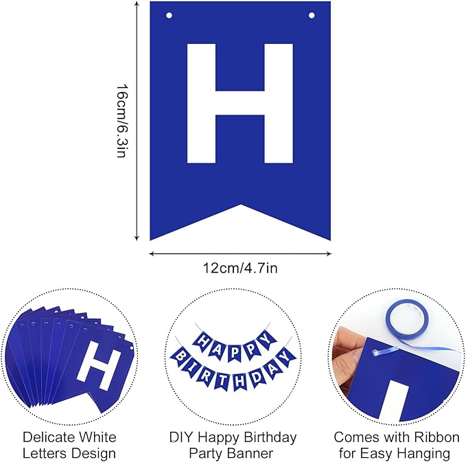Happy Birthday Banner Sign, Birthday Garland Wall Door Hanging Banners Flag for Women Men Boys Girls Party Backdrop Decorations, Personalized Name Banner White Letters Blue