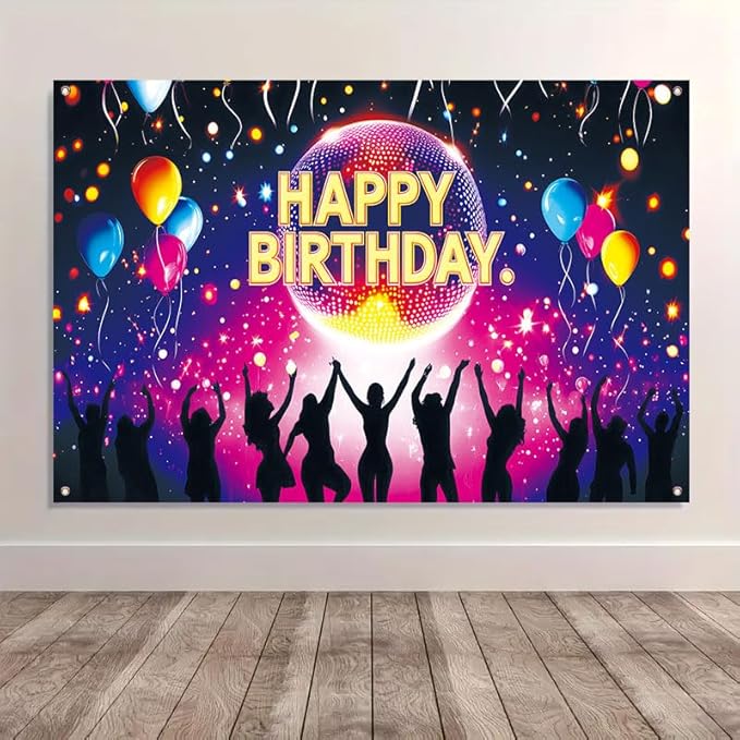 Happy Birthday Porch Banner 71x43 Inch, Large Disco Party Backdrop with Neon Lights Balloons and Dance Crowd, Birthday Decorations for Indoor Outdoor Yard Patio Wall Hanging