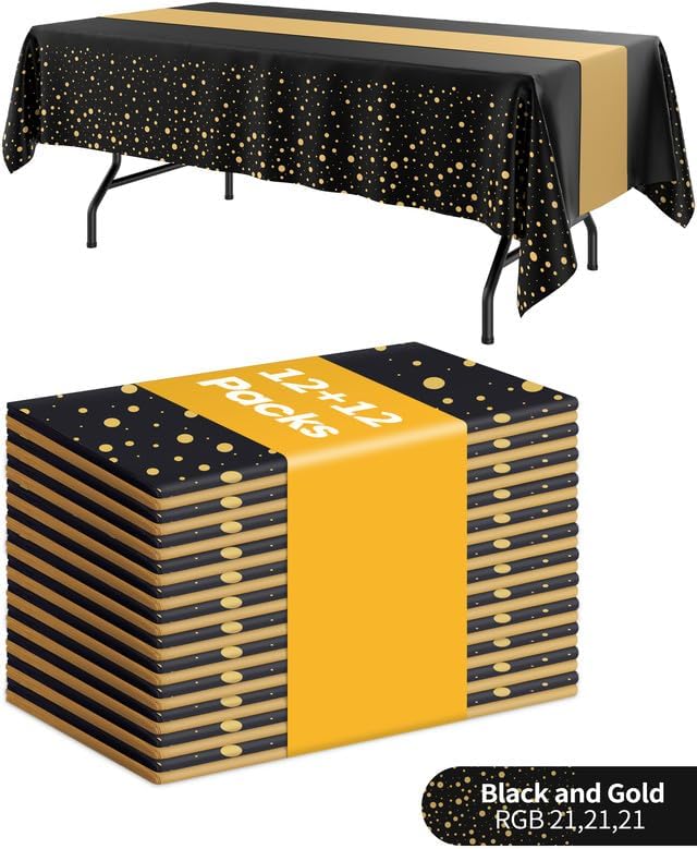Graduation Decorations Table Cloth for Rectangle Table and Table Runner Set - 12+12 Pack, Black and Gold Plastic Tablecloth Disposable for Birthday, Wedding, Baby Shower, New Year