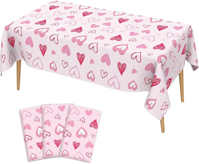 Valentines Tablecloth, 3Pack Valentines Day Tablecloth Decorations, 54x108 Inch Pink Heart Valentine Table Cloth Rectangle Disposable Table Cover for Valentine's Day Anniversary Wedding Party Supplies