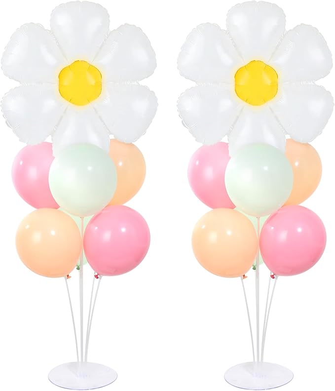 Daisy Party Balloons Stand Kit 2 Sets with 2 White Daisy Flower Foil Balloons Fresh Flower 1st Party Balloon Centerpieces for Tables for Spring Theme Mothers Day Daisies Themed Birthday Decorations