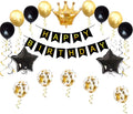Birthday Party Decorations KIT - Happy Birthday Banner, Gold Crown Balloon Gold and Black Latex Balloons, Perfect Party Supplies